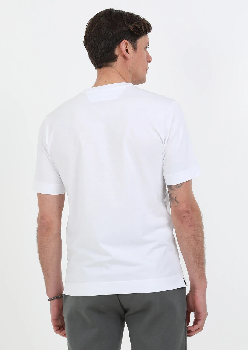 Beyaz Baskılı Bisiklet Yaka %100 Pamuk T-Shirt - 6