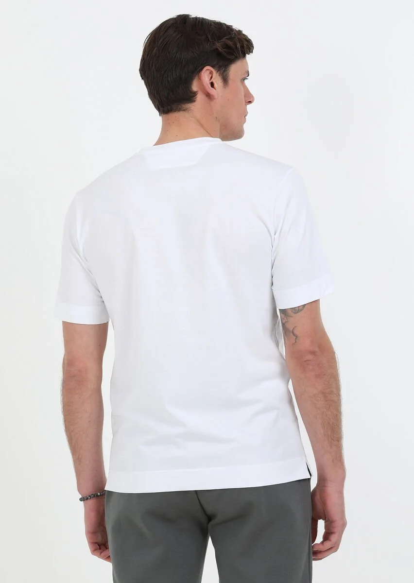 Beyaz Baskılı Bisiklet Yaka %100 Pamuk T-Shirt - 6