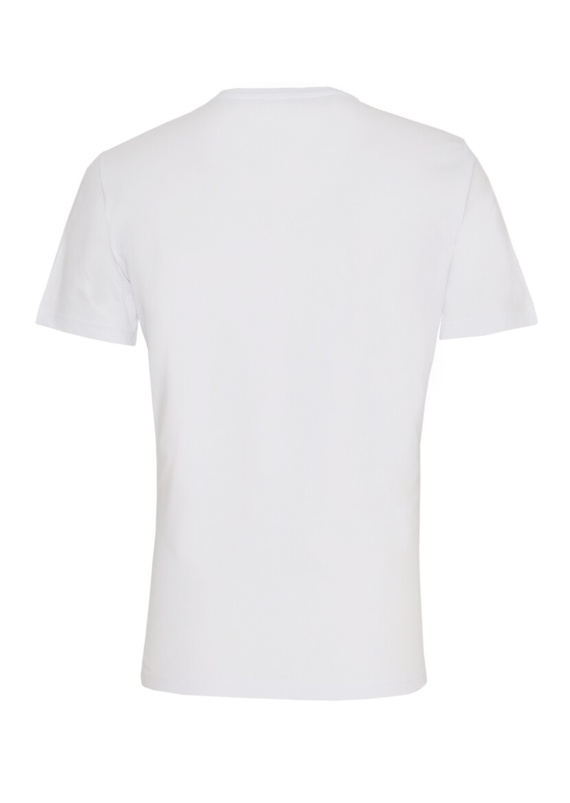 Beyaz Baskılı Bisiklet Yaka %100 Pamuk T-Shirt - 3
