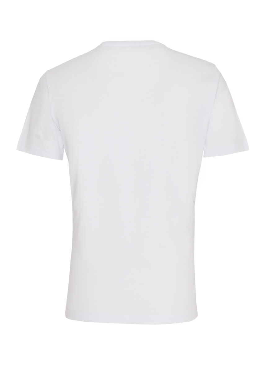 Beyaz Baskılı Bisiklet Yaka %100 Pamuk T-Shirt - 3