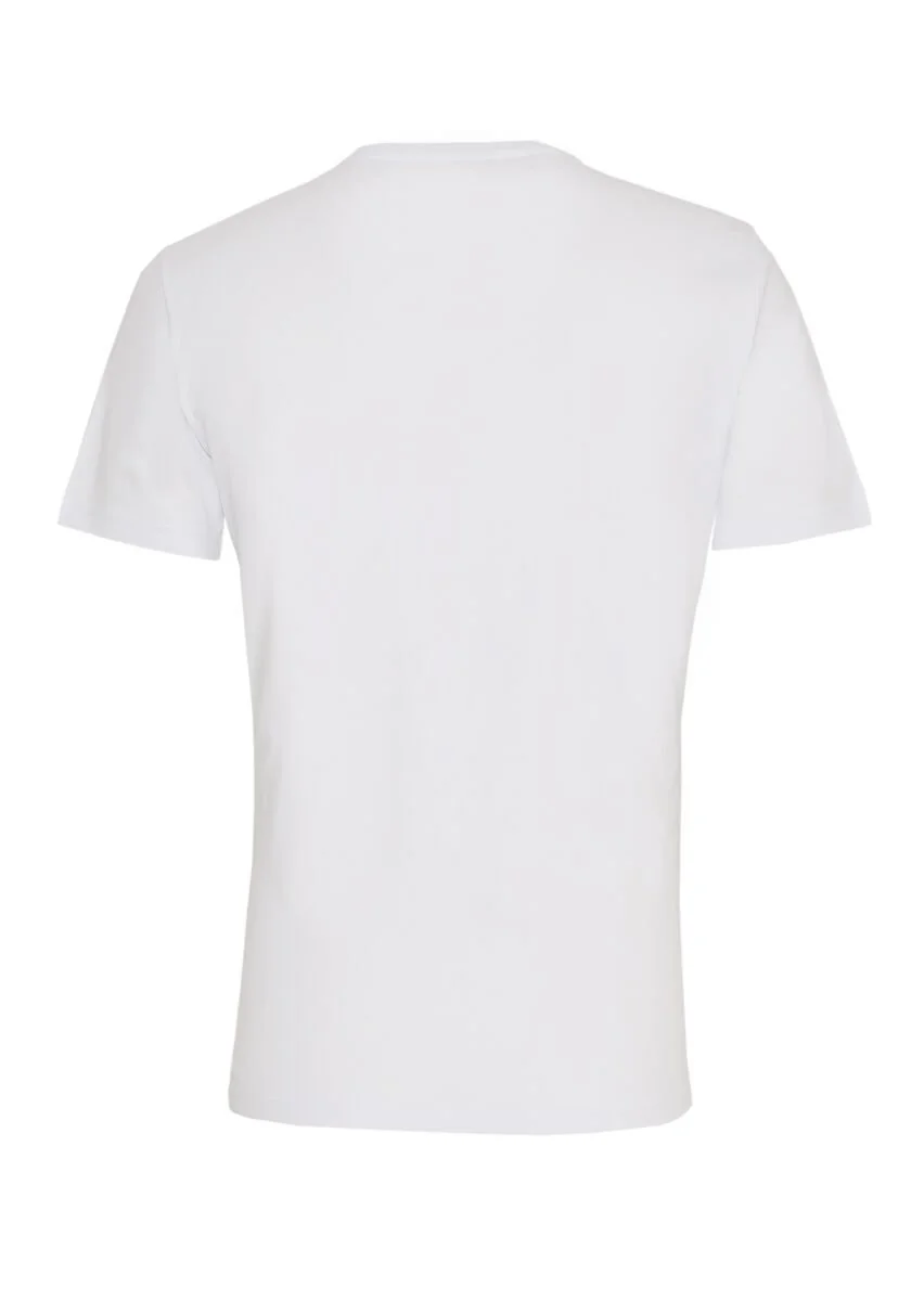 Beyaz Baskılı Bisiklet Yaka %100 Pamuk T-Shirt - 3
