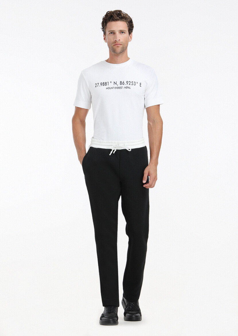 Beyaz Baskılı Bisiklet Yaka %100 Pamuk T-Shirt - 1