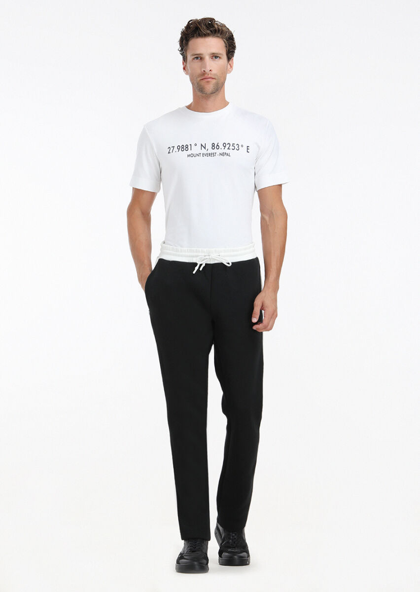 Beyaz Baskılı Bisiklet Yaka %100 Pamuk T-Shirt - 1