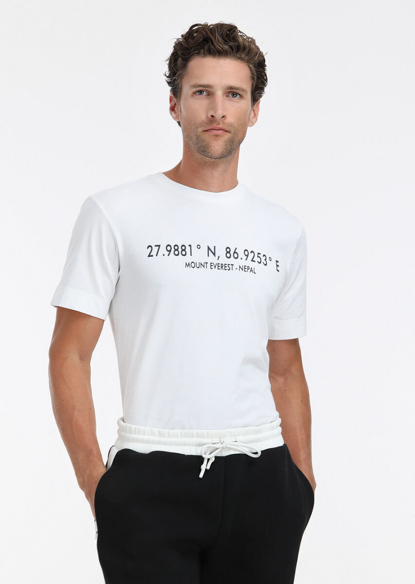 Beyaz Baskılı Bisiklet Yaka %100 Pamuk T-Shirt - 2