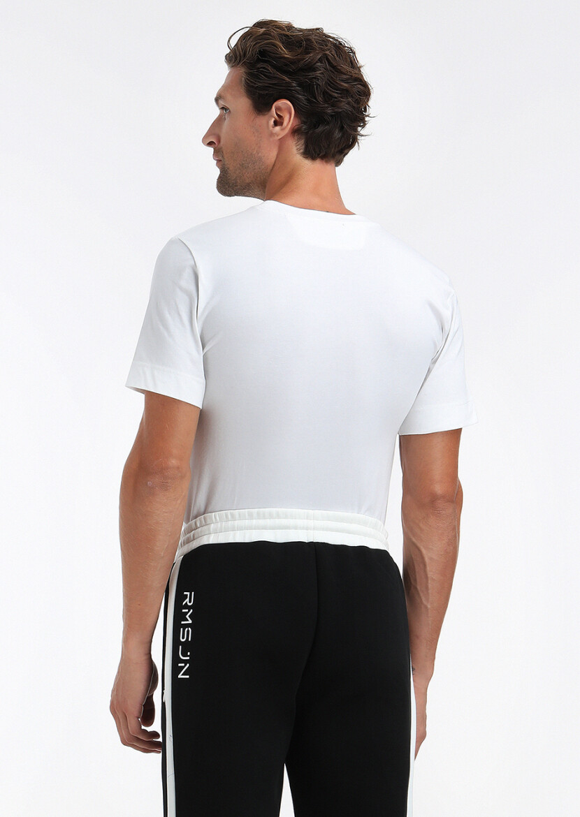 Beyaz Baskılı Bisiklet Yaka %100 Pamuk T-Shirt - 5