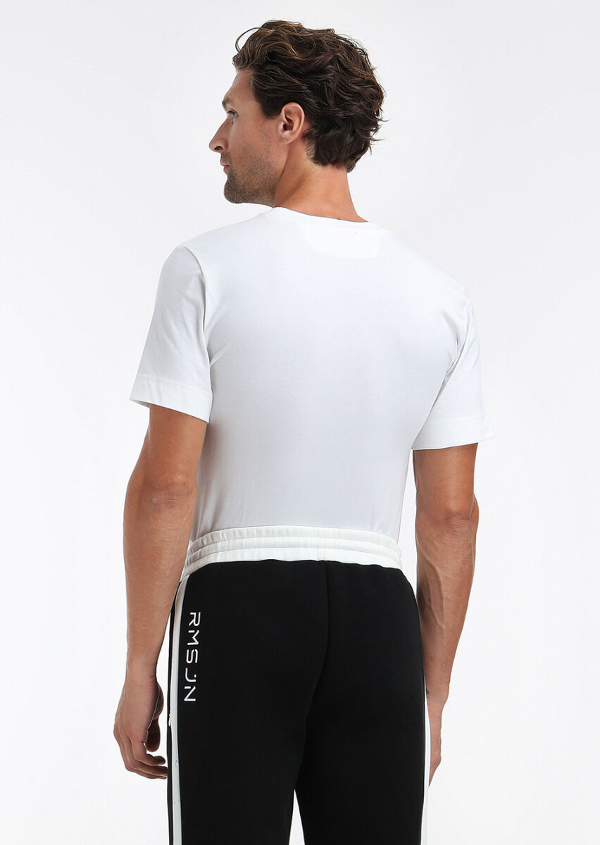 Beyaz Baskılı Bisiklet Yaka %100 Pamuk T-Shirt - 5