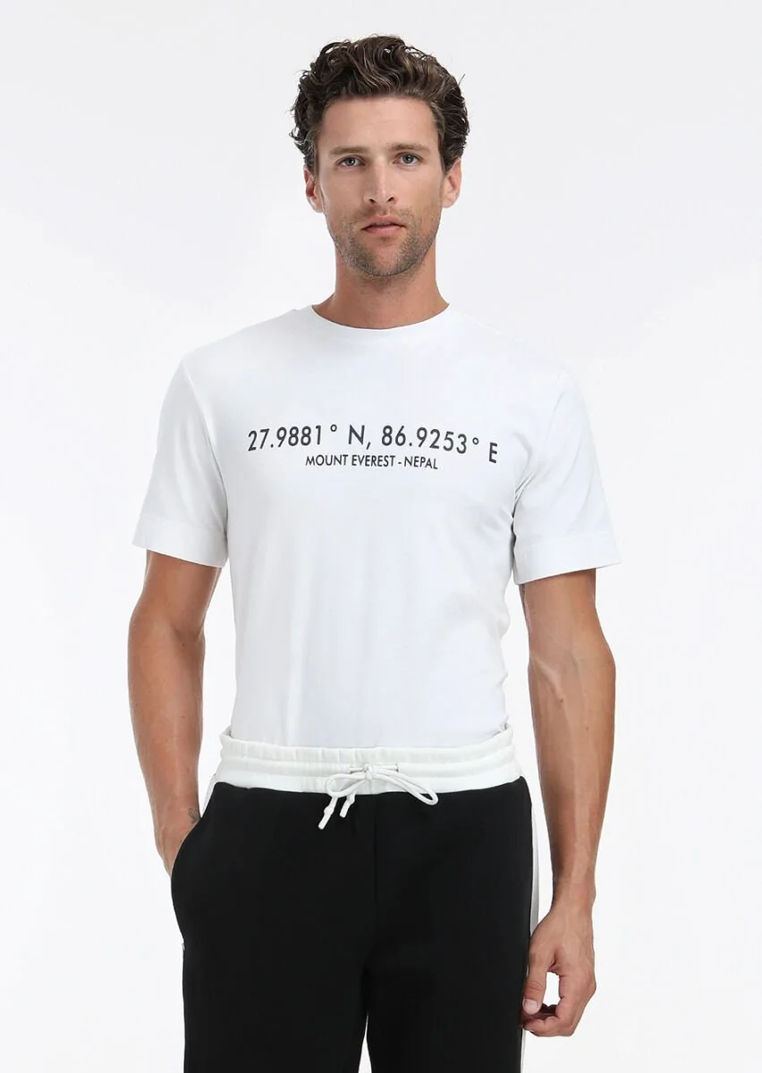 Beyaz Baskılı Bisiklet Yaka %100 Pamuk T-Shirt - 4