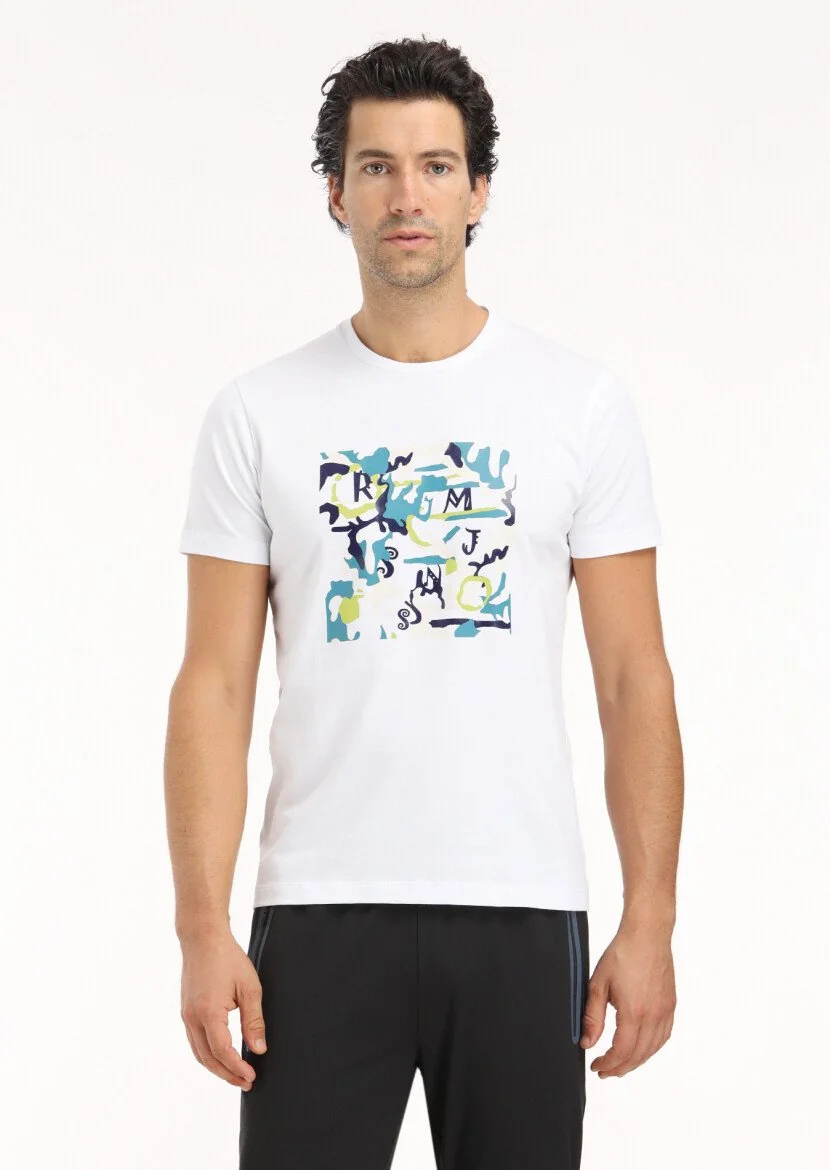 Beyaz Baskılı Bisiklet Yaka %100 Pamuk T-Shirt 
