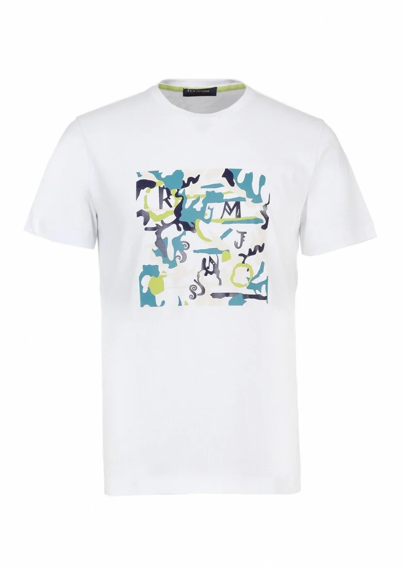 Beyaz Baskılı Bisiklet Yaka %100 Pamuk T-Shirt - 5