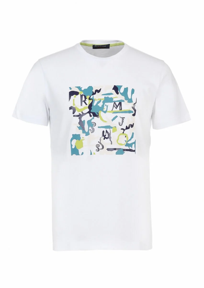 Beyaz Baskılı Bisiklet Yaka %100 Pamuk T-Shirt - 5