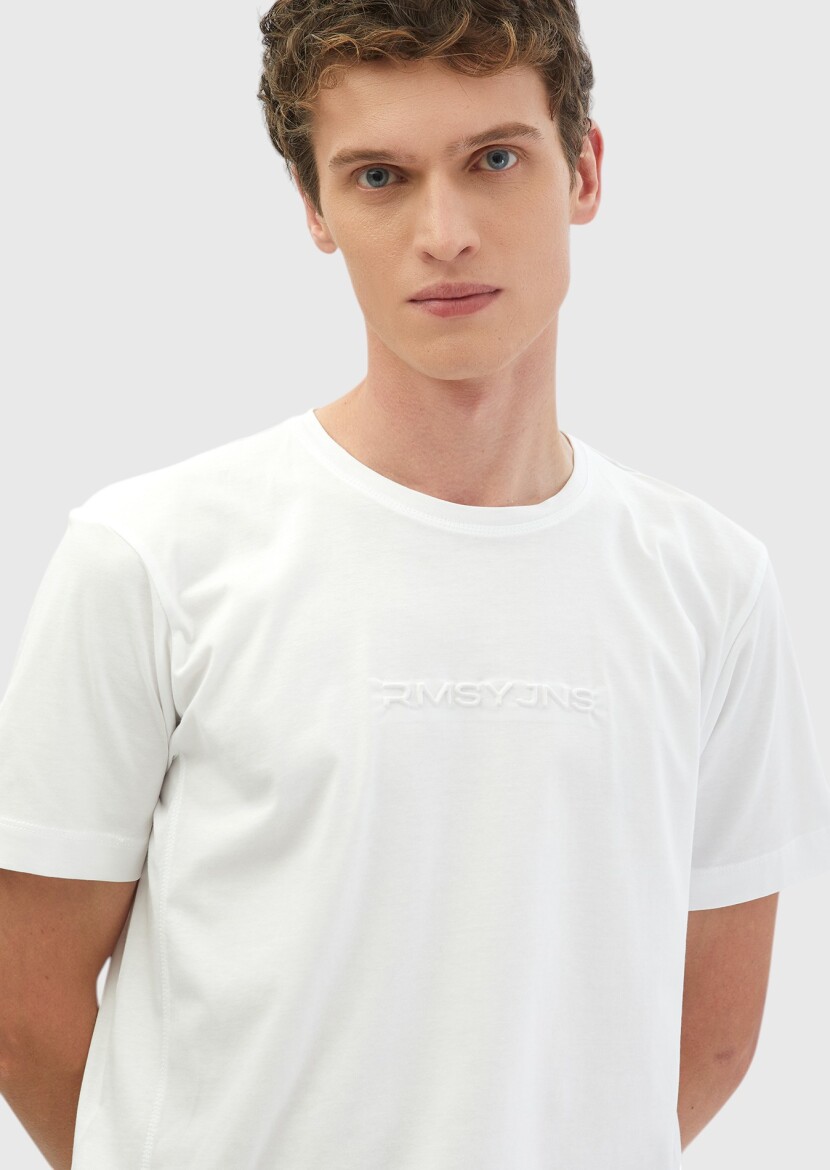 Beyaz Baskılı Bisiklet Yaka %100 Pamuk T-Shirt - 3