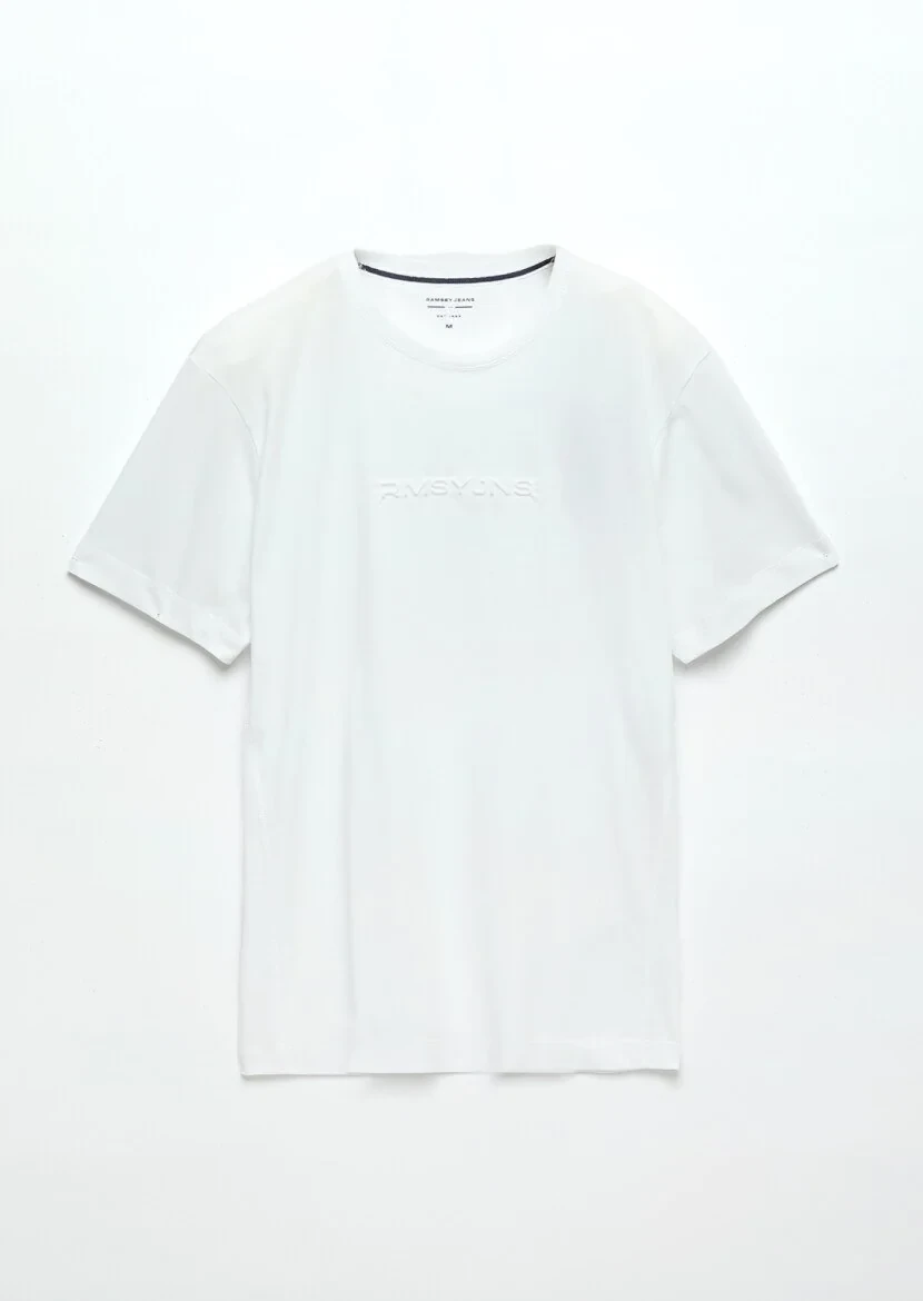 Beyaz Baskılı Bisiklet Yaka %100 Pamuk T-Shirt - 6