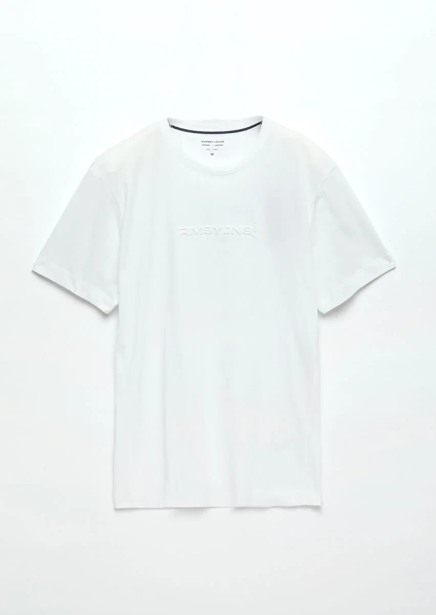 Beyaz Baskılı Bisiklet Yaka %100 Pamuk T-Shirt - 6