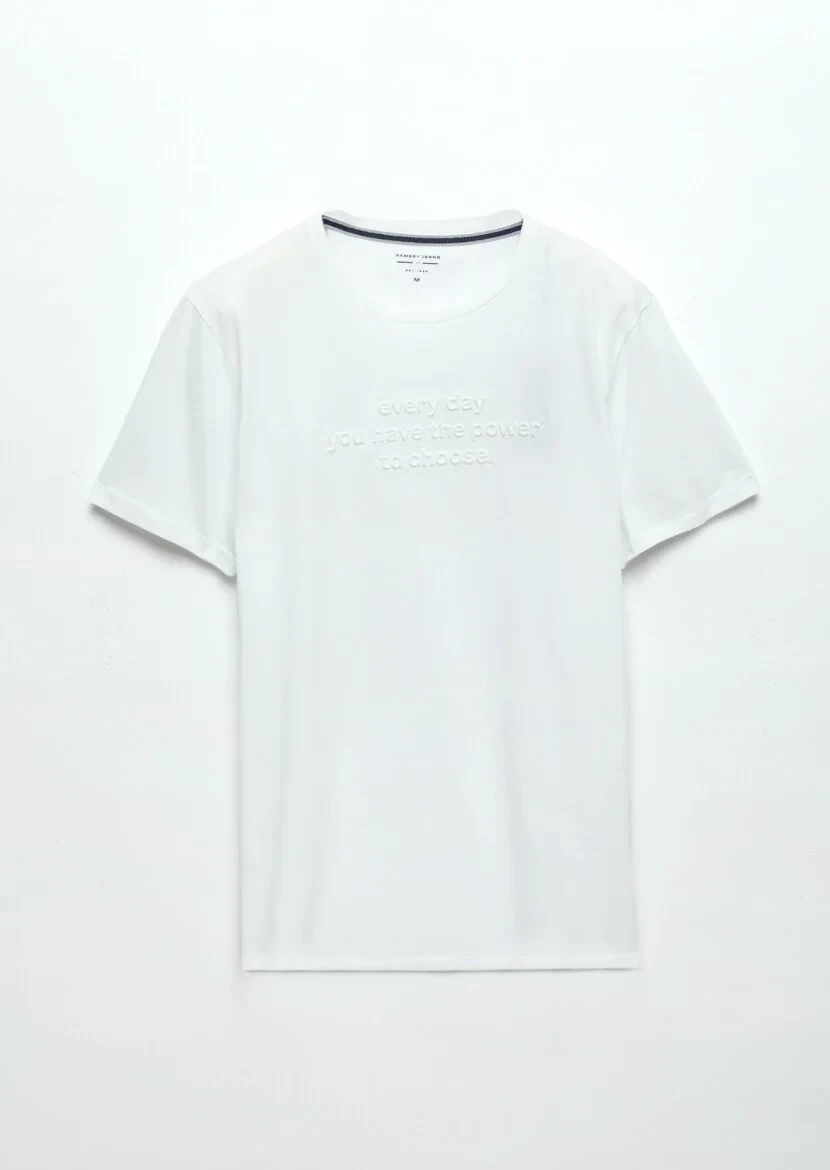 Beyaz Baskılı Bisiklet Yaka %100 Pamuk T-Shirt - 5