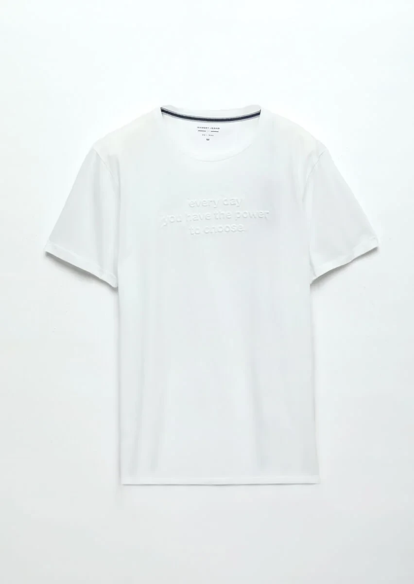 Beyaz Baskılı Bisiklet Yaka %100 Pamuk T-Shirt - 5