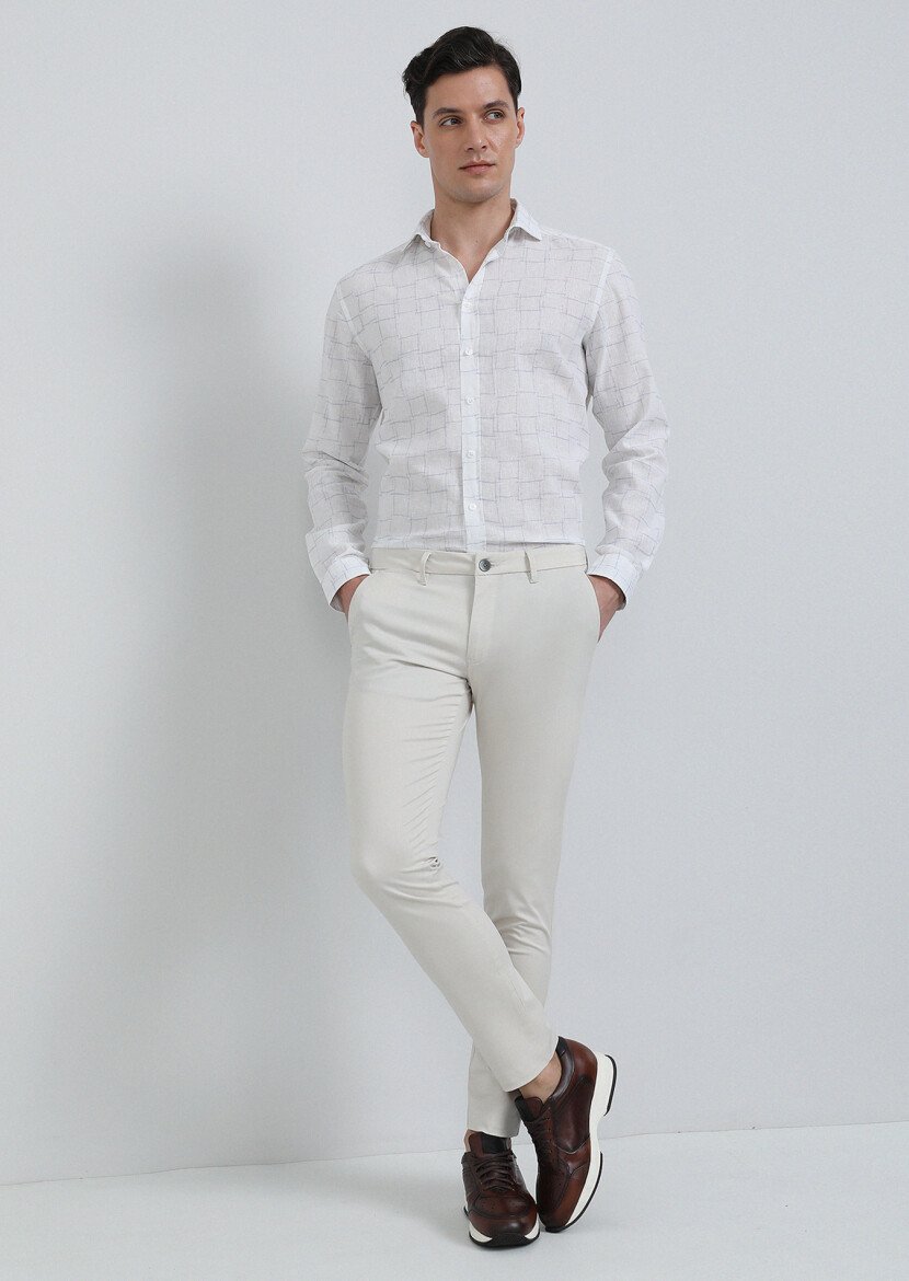 Beyaz Baskılı Regular Fit Dokuma Casual Pamuk Karışımlı Gömlek - 3