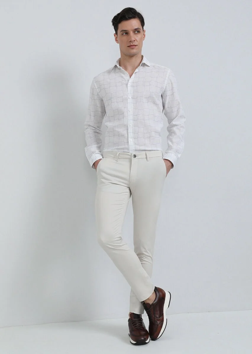 Beyaz Baskılı Regular Fit Dokuma Casual Pamuk Karışımlı Gömlek - 3