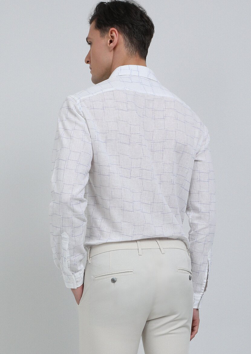 Beyaz Baskılı Regular Fit Dokuma Casual Pamuk Karışımlı Gömlek - 5