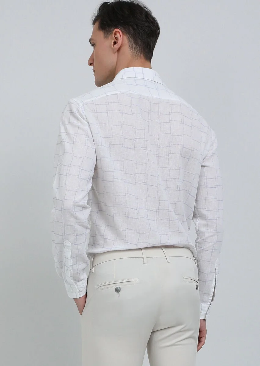 Beyaz Baskılı Regular Fit Dokuma Casual Pamuk Karışımlı Gömlek - 5