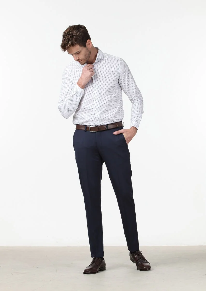 Beyaz Baskılı Regular Fit Dokuma Klasik %100 Pamuk Gömlek - 2