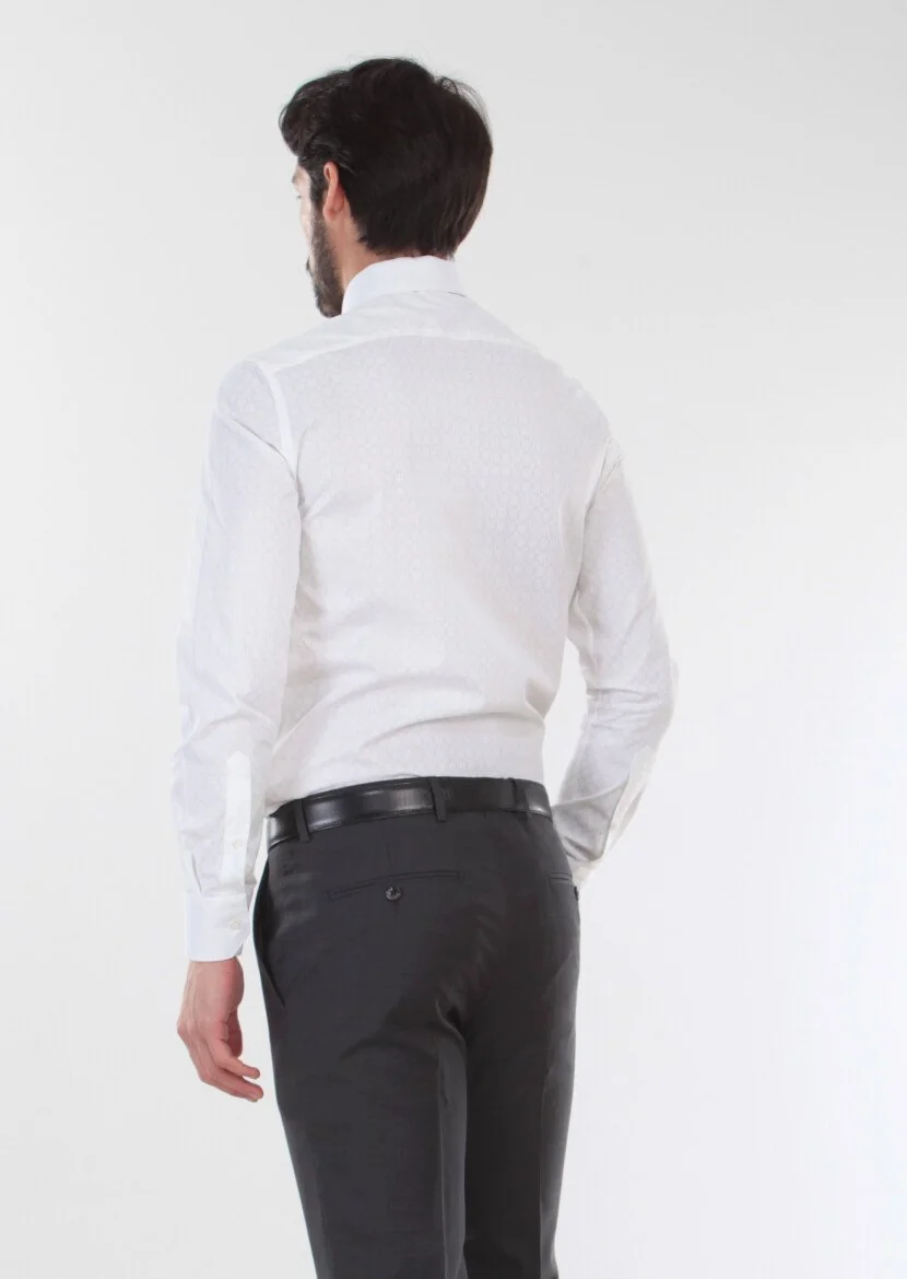 Beyaz Baskılı Slim Fit Dokuma Klasik %100 Pamuk Gömlek 