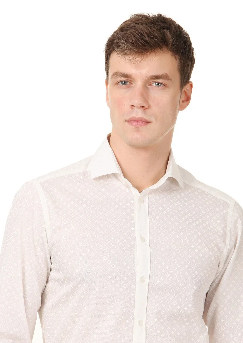 Beyaz Baskılı Slim Fit Dokuma Klasik %100 Pamuk Gömlek - 2