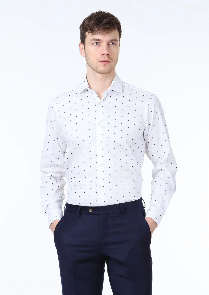 Beyaz Baskılı Slim Fit Dokuma Klasik %100 Pamuk Gömlek - 1