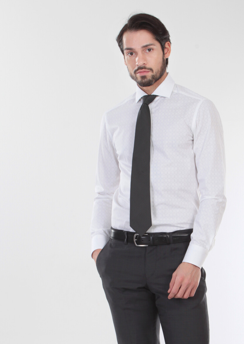 Beyaz Baskılı Slim Fit Dokuma Klasik %100 Pamuk Gömlek 