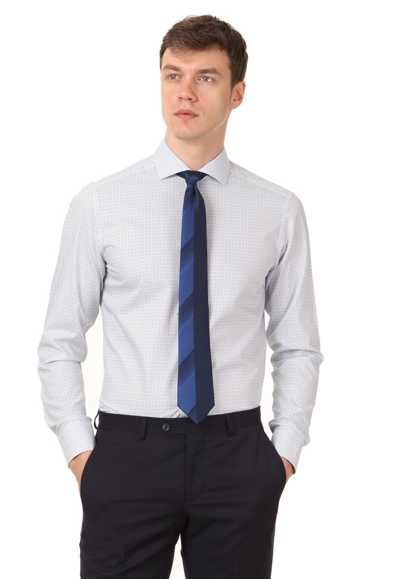 Beyaz Baskılı Slim Fit Uzun Dokuma Klasik %100 Pamuk Gömlek - 1