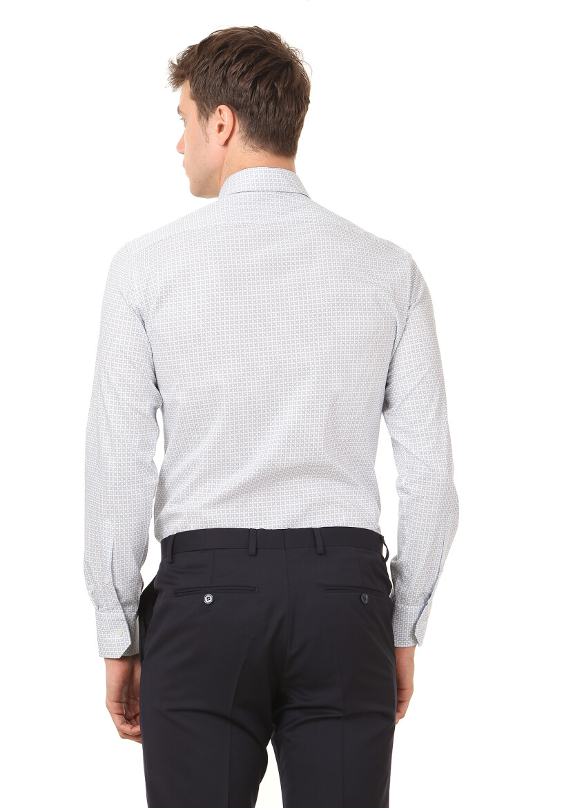 Beyaz Baskılı Slim Fit Uzun Dokuma Klasik %100 Pamuk Gömlek - 4