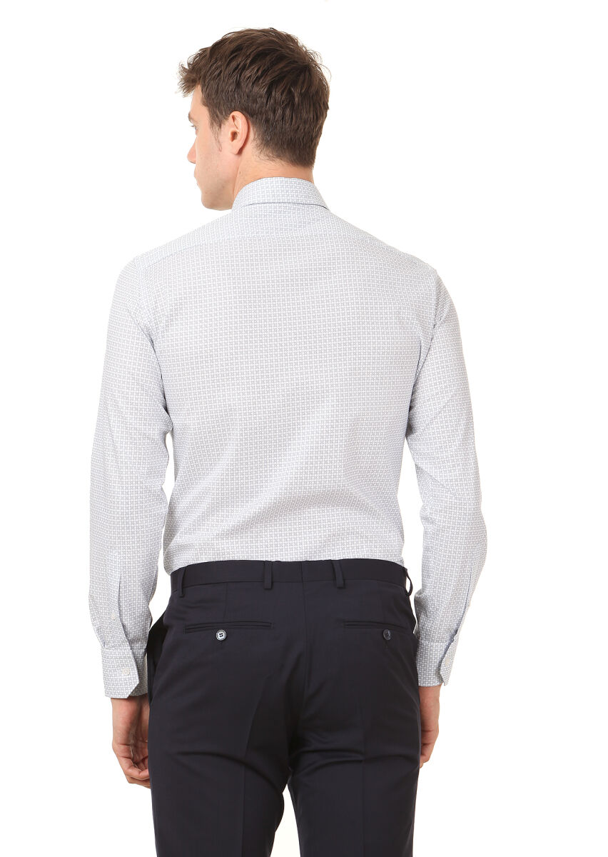 Beyaz Baskılı Slim Fit Uzun Dokuma Klasik %100 Pamuk Gömlek - 4