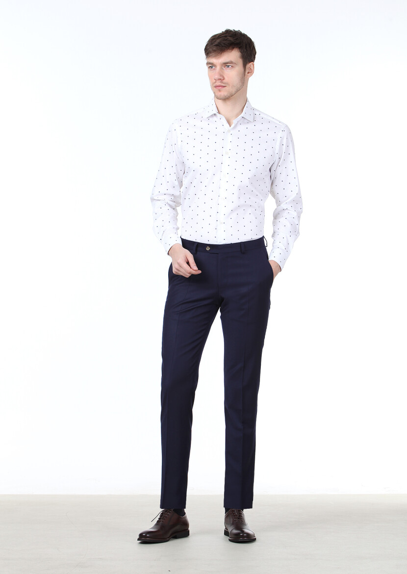 Beyaz Baskılı Slim Fit Uzun Dokuma Klasik %100 Pamuk Gömlek - 3