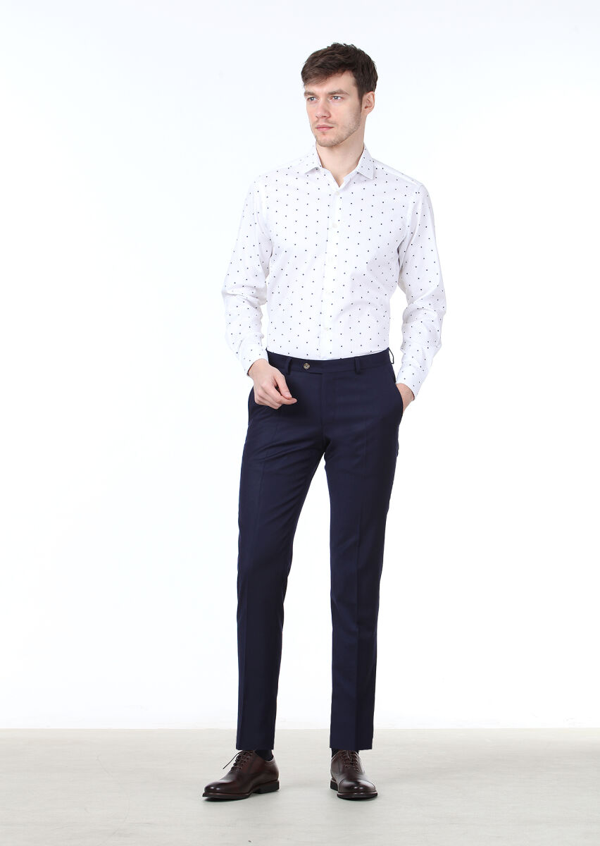 Beyaz Baskılı Slim Fit Uzun Dokuma Klasik %100 Pamuk Gömlek - 3