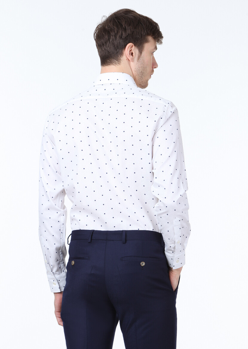 Beyaz Baskılı Slim Fit Uzun Dokuma Klasik %100 Pamuk Gömlek - 4