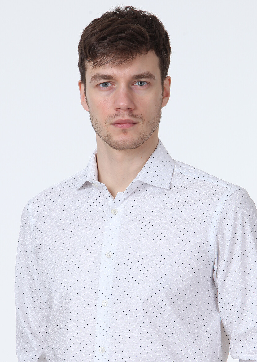 Beyaz Baskılı Slim Fit Uzun Dokuma Klasik %100 Pamuk Gömlek - 2