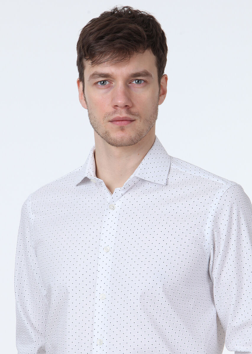 Beyaz Baskılı Slim Fit Uzun Dokuma Klasik %100 Pamuk Gömlek - 2