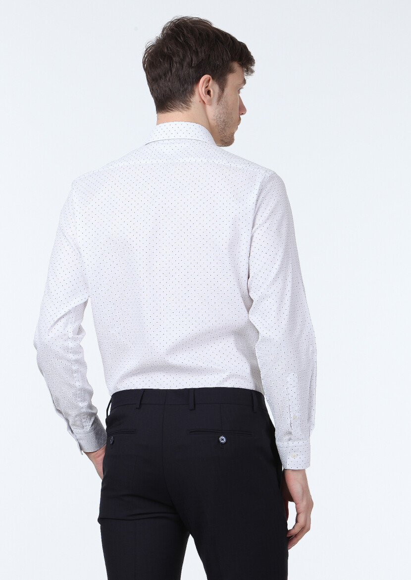 Beyaz Baskılı Slim Fit Uzun Dokuma Klasik %100 Pamuk Gömlek - 4