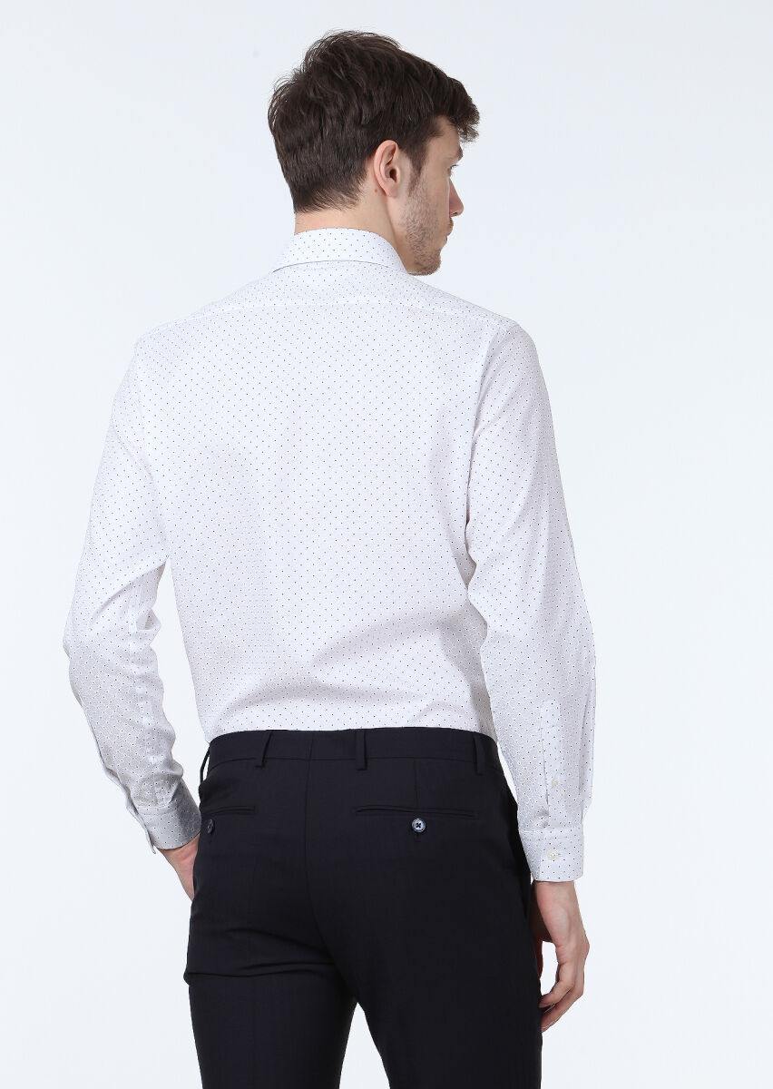 Beyaz Baskılı Slim Fit Uzun Dokuma Klasik %100 Pamuk Gömlek - 4