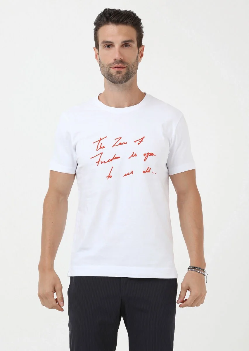 Beyaz Bisiklet Yaka %100 Pamuk T-Shirt - 1