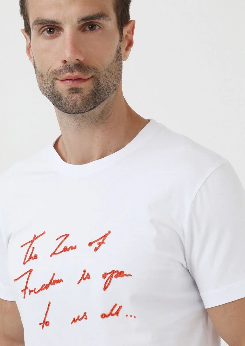 Beyaz Bisiklet Yaka %100 Pamuk T-Shirt - 2