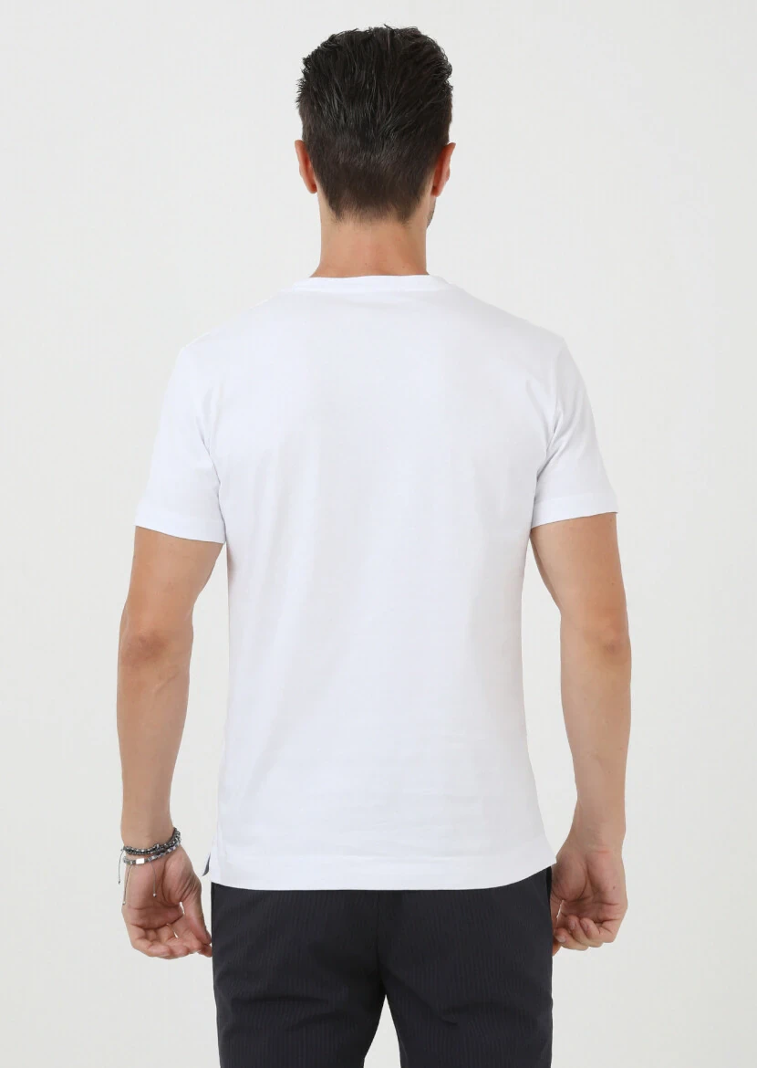 Beyaz Bisiklet Yaka %100 Pamuk T-Shirt - 4