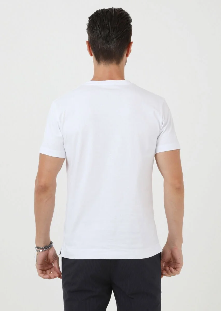 Beyaz Bisiklet Yaka %100 Pamuk T-Shirt - 4