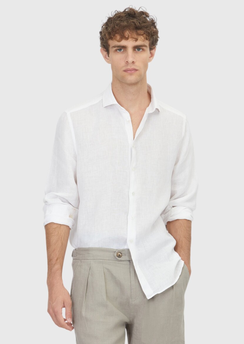 Beyaz Casual Fit Uzun Dokuma Casual %100 Keten Gömlek - RAMSEY
