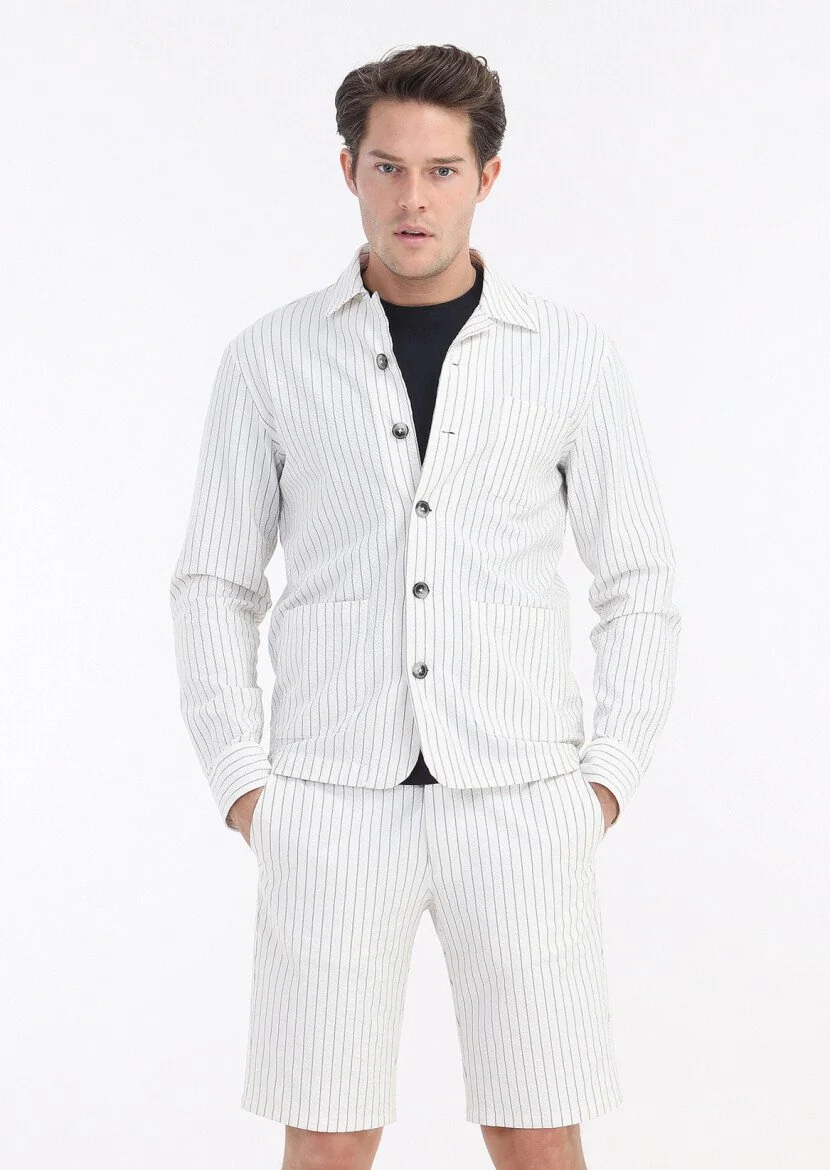 Beyaz Çizgili Casual Fit Dokuma Pamuk Karışımlı Overshırt - 2