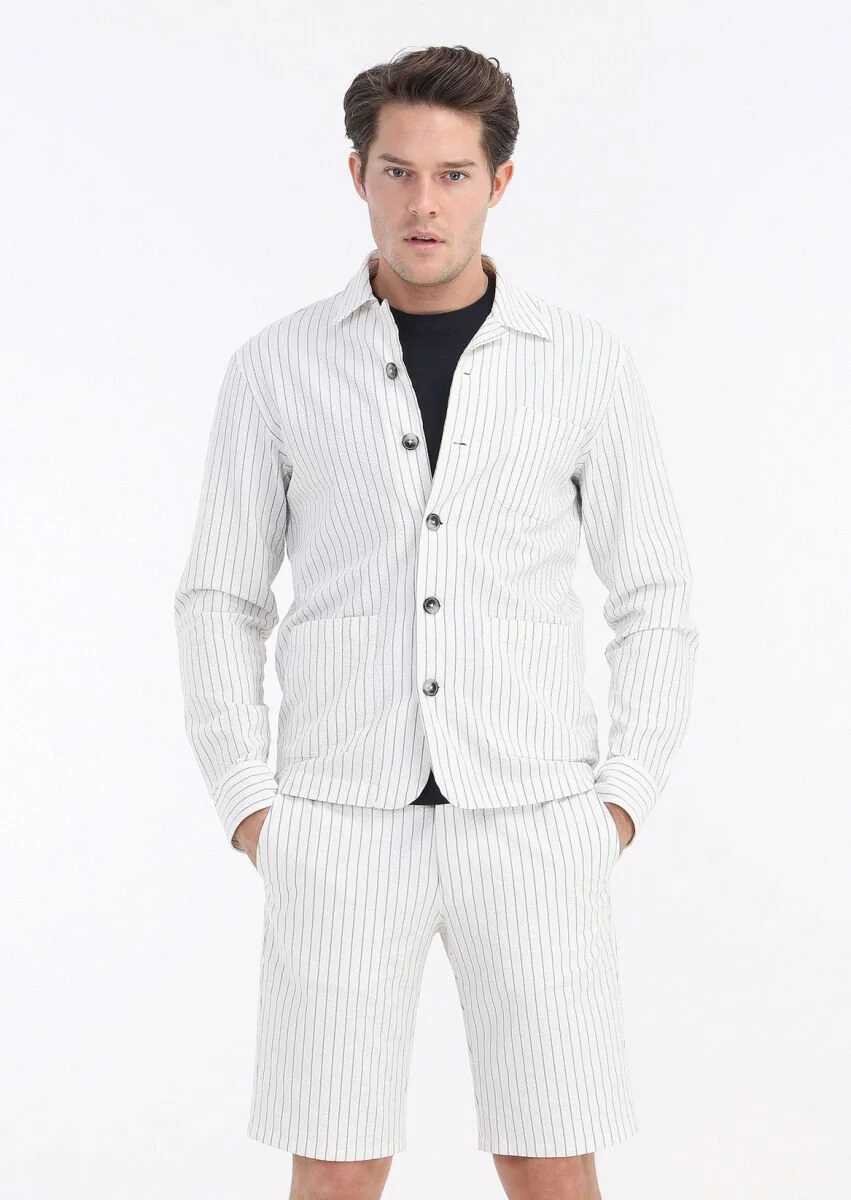 Beyaz Çizgili Casual Fit Dokuma Pamuk Karışımlı Overshırt - 2