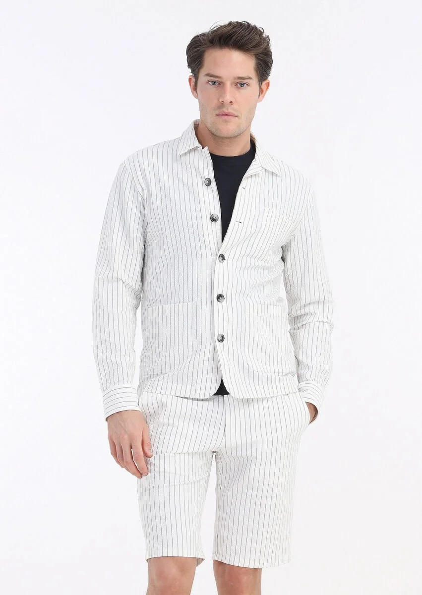 Beyaz Çizgili Casual Fit Dokuma Pamuk Karışımlı Overshırt - 3