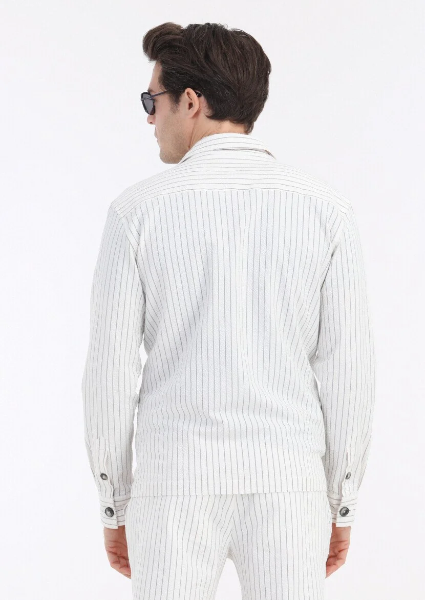Beyaz Çizgili Casual Fit Dokuma Pamuk Karışımlı Overshırt - 5