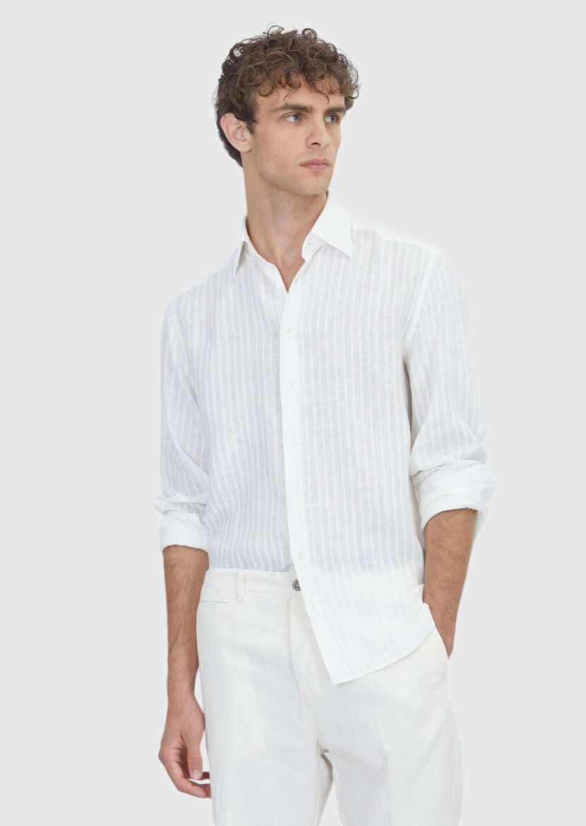Beyaz Çizgili Casual Fit Uzun Dokuma Casual %100 Keten Gömlek - 1