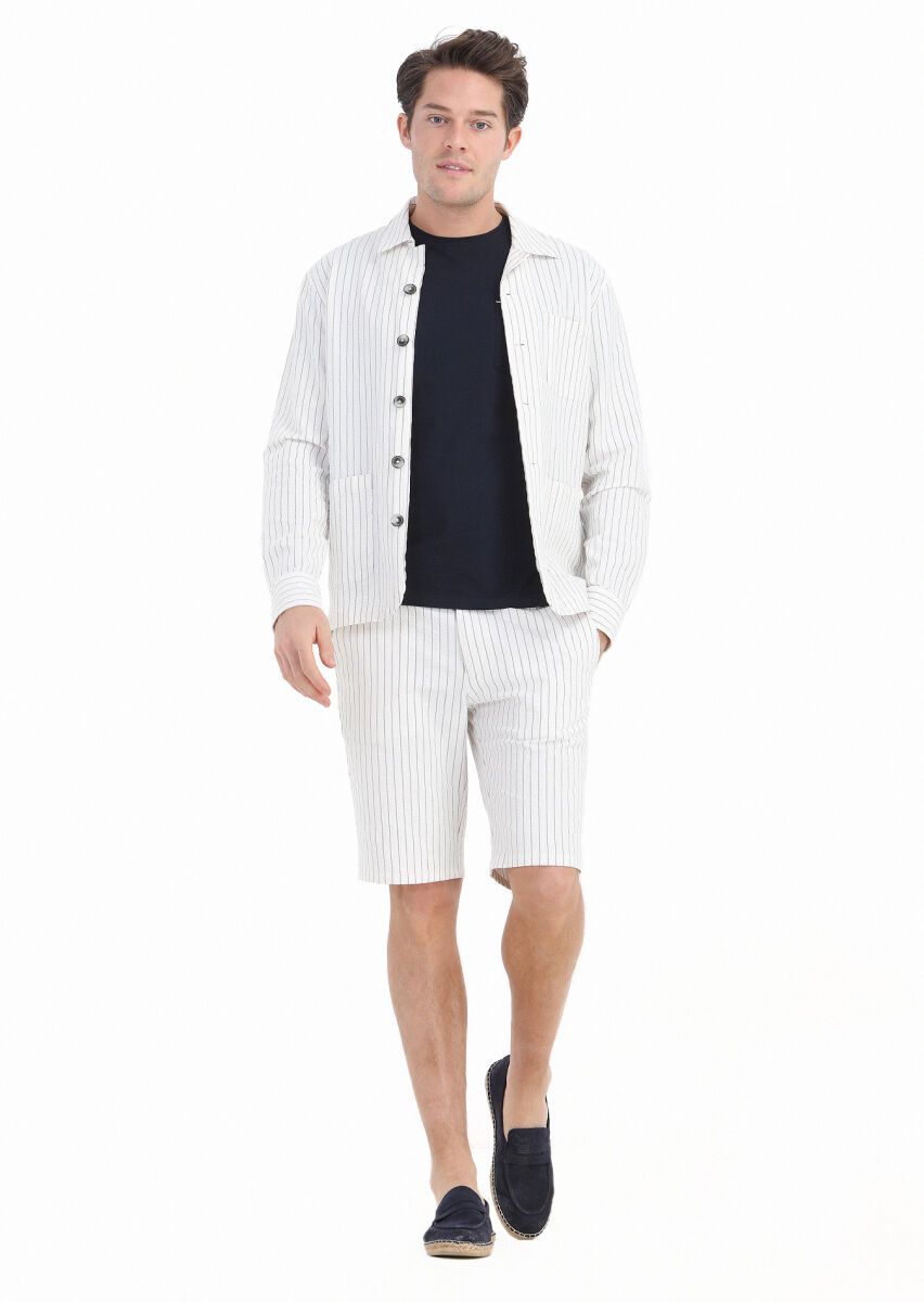 Beyaz Çizgili Casual Fit Uzun Dokuma Pamuk Karışımlı Overshırt - 1