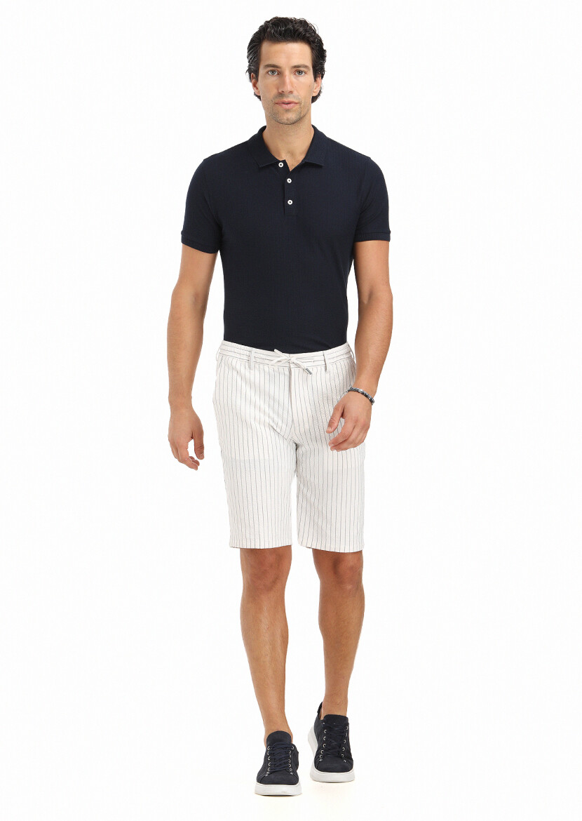 Beyaz Çizgili Dokuma Jogging Fit Casual Pamuk Karışımlı Bermuda - RAMSEY